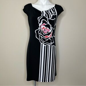 White House Black Market Black Dress with Bold Stripes and Large Floral Motif